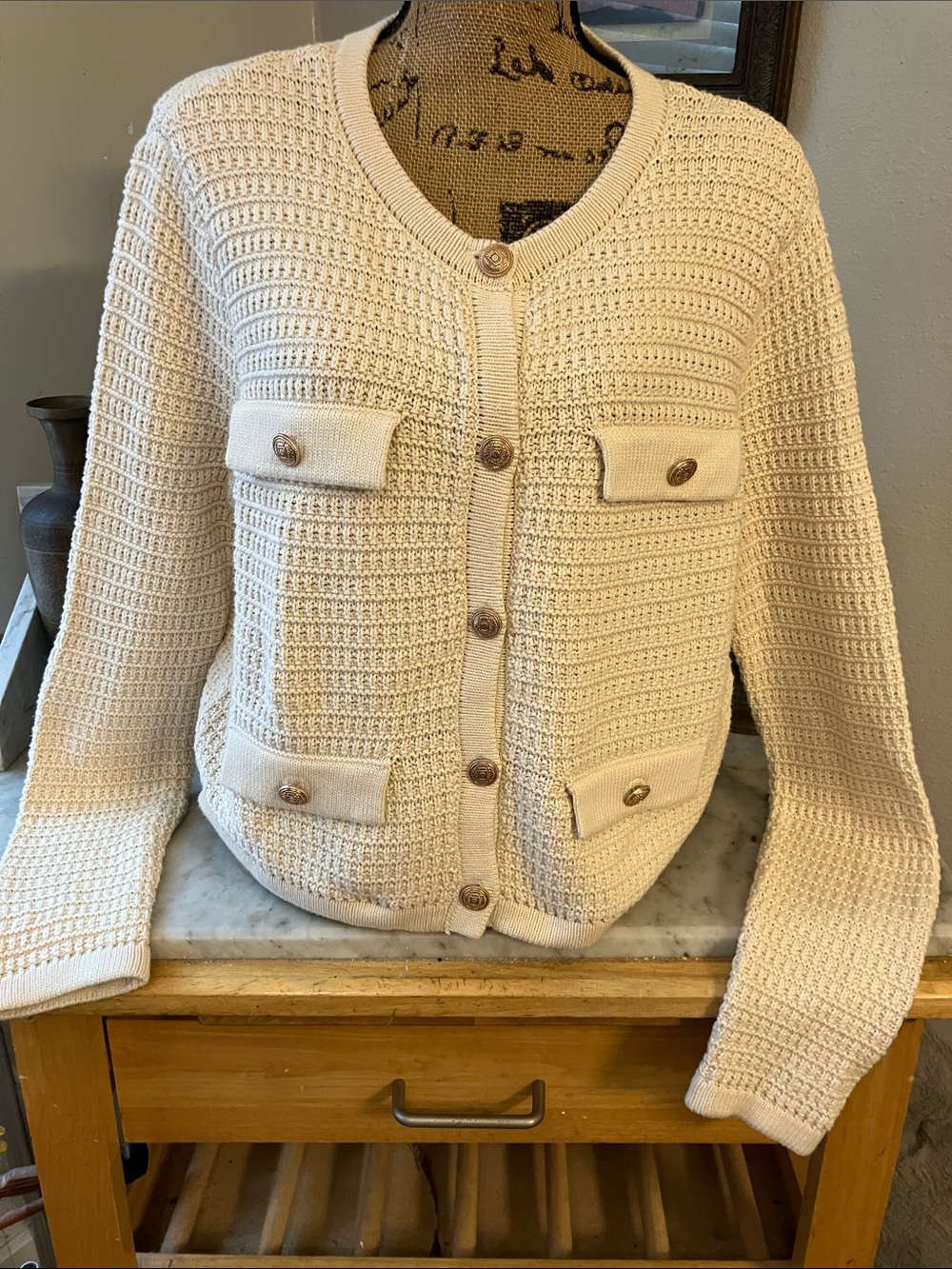 Blank NYC Cream Textured Knit Button-Front Cardigan